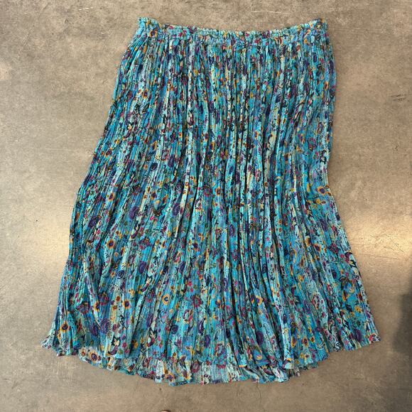 VintageY2K Cottagecore Fairy Floral Blue Wimsical Metallic Tier Midi Skirt L - Picture 2 of 5